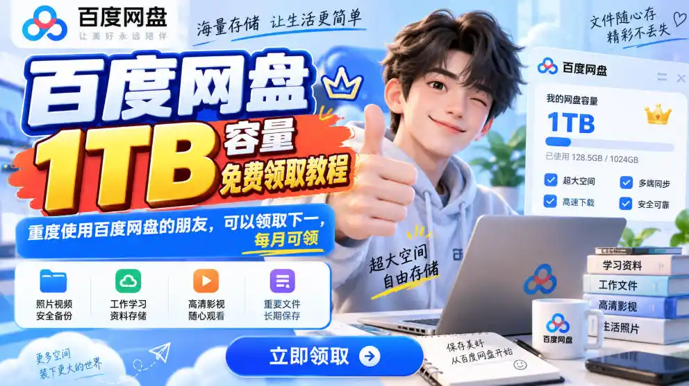 百度网盘1TB容量免费领取教程，重度使用百度网盘的朋友，可以领取下一，每月可领-豌豆轻创