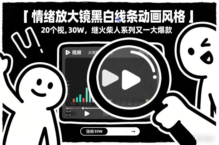 情绪放大镜黑白线条动画风格,20个视频,涨粉30W,继火柴人系列又一大爆款-轻创