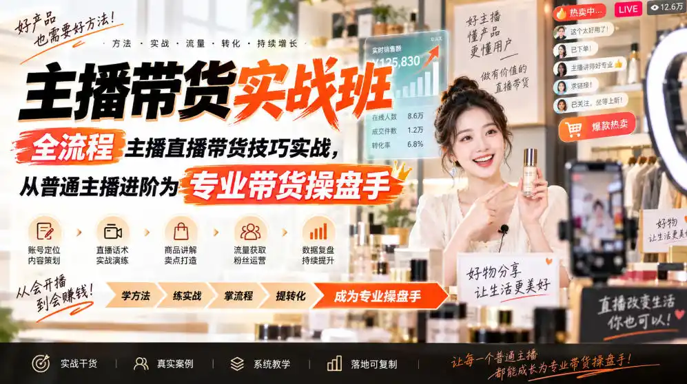 主播带货实战班ZB，全流程主播直播带货技巧实战，从普通主播进阶为专业带货操盘手-豌豆轻创
