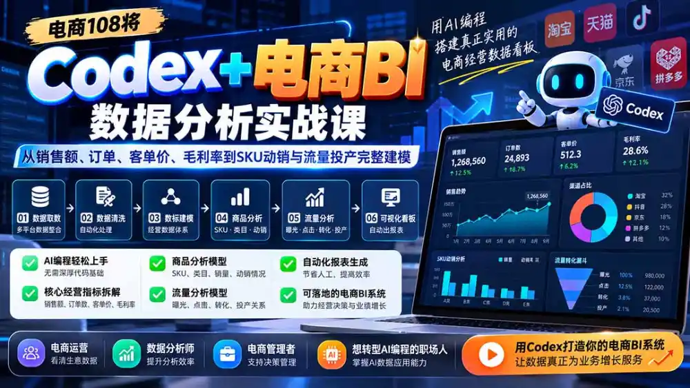 Codex+电商BI数据分析实战课-更新：从销售额、订单、客单价、毛利率到SKU动销与流量投产完整建模-豌豆轻创