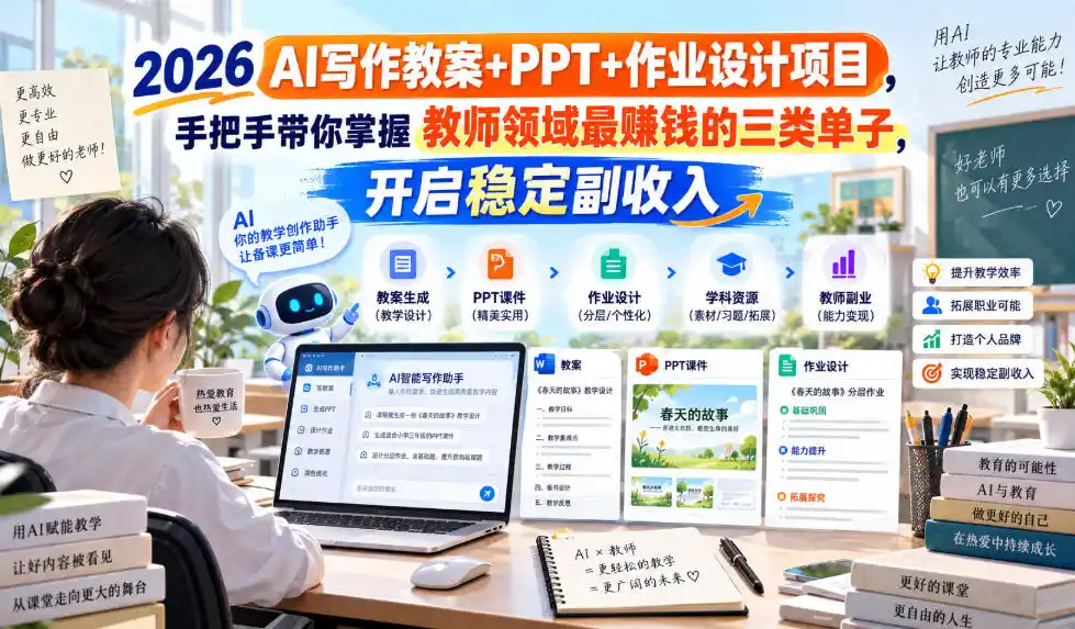 2026 AI写作教案+PPT+作业设计项目，手把手带你掌握教师领域最賺钱的三类单子，开启稳定副收入-豌豆轻创