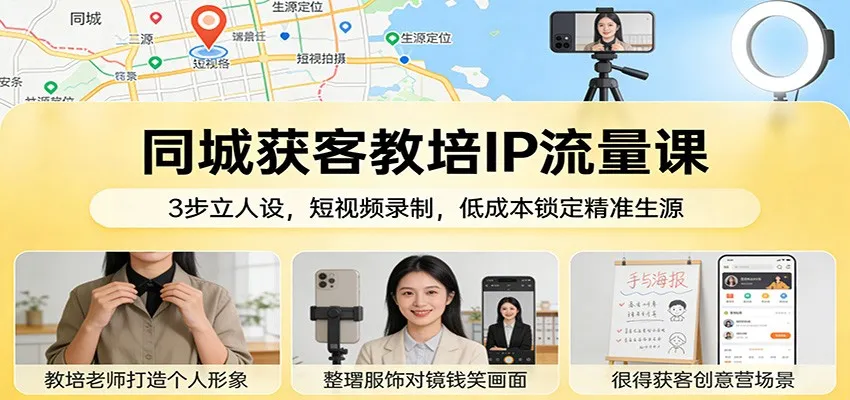 同城获客教培IP流量课：3步立人设，短视频录制，低成本锁定精准生源-轻创