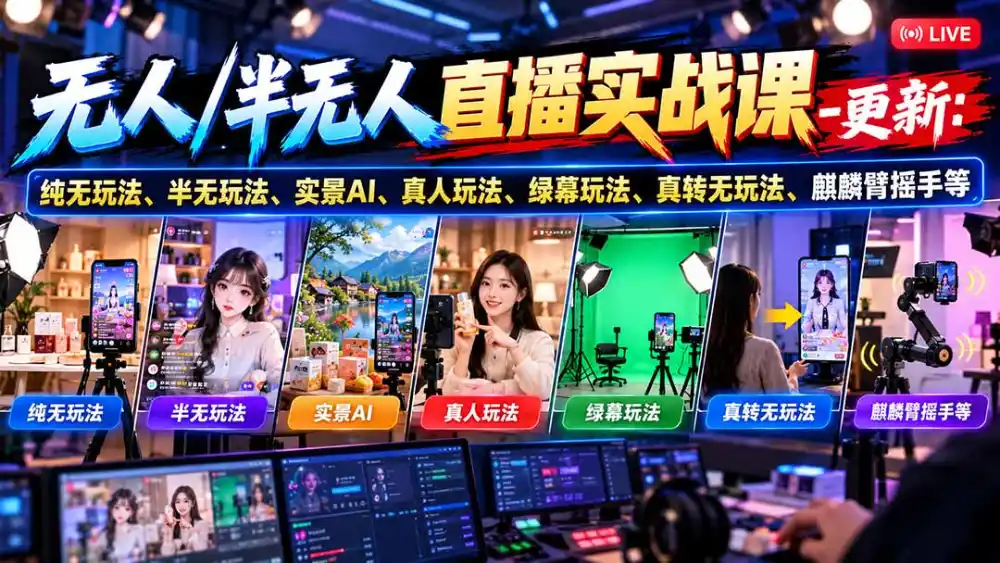 无人/半无人直播实战课-10月20更新：纯无玩法、半无玩法、实景AI、真人玩法、绿幕玩法、真转无玩法、麒麟臂摇手等-豌豆轻创