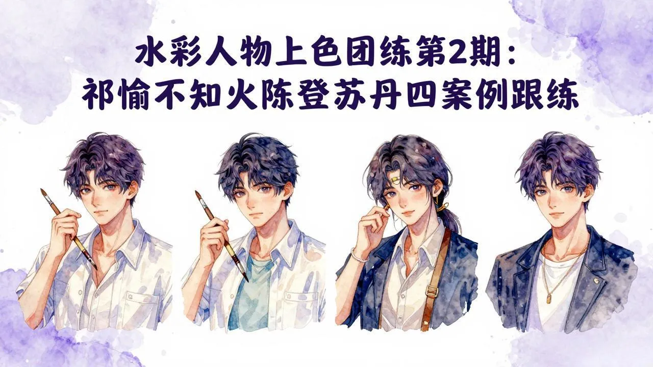 水彩人物上色团练第2期：祁煜不知火陈登苏丹四案例跟练，手把手提升绘画能力-豌豆轻创
