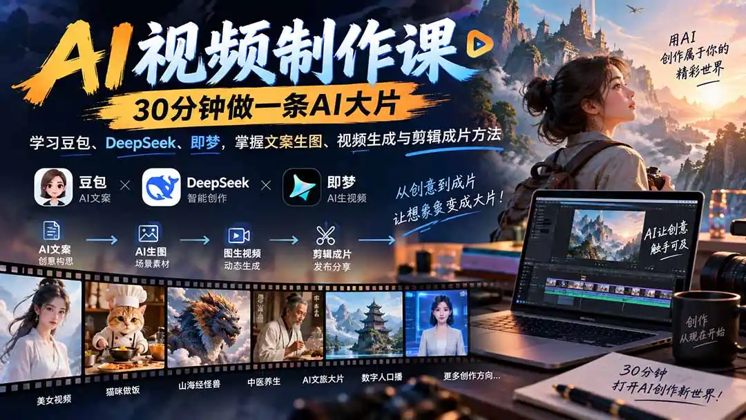AI视频制作课-30分钟做一条AI大片：学习豆包、DeepSeek、即梦，掌握文案生图、视频生成与剪辑成片方法-豌豆轻创