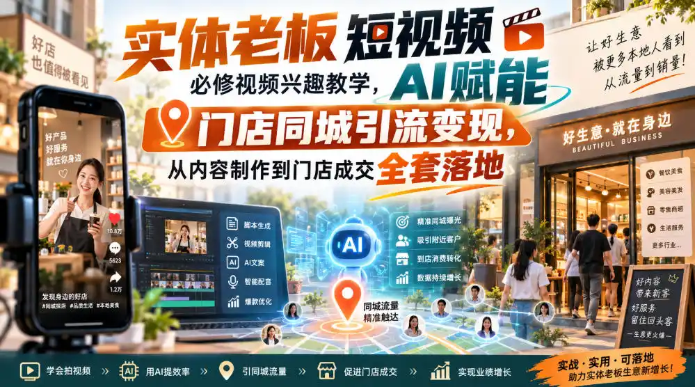 实体老板短视频必修视频兴趣教学，AI赋能门店同城引流变现，AI+短视频+直播打爆实体客流量-豌豆轻创