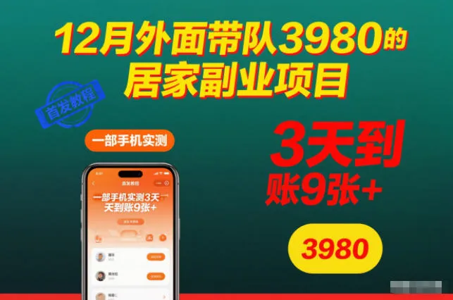 12月外面带队3980的居家副业项目，一部手机实测3天到账9张+，首发教程【揭秘】-轻创