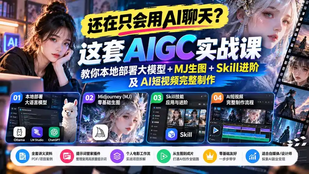 【无水印】还在只会用AI聊天？这套AIGC实战课教你本地部署大模型+MJ生图+Skill进阶及AI短视频完整制作-豌豆轻创