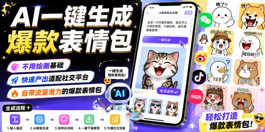 AI一键生成爆款表情包，不用绘画基础，快速产出适配社交平台，自带流量潜力的爆款表情包-豌豆轻创