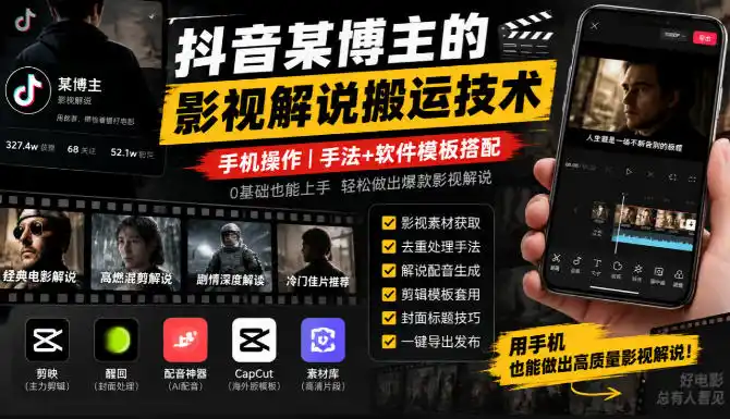 抖音某博主的影视解说搬运技术，手机操作，手法+软件模板搭配-豌豆轻创