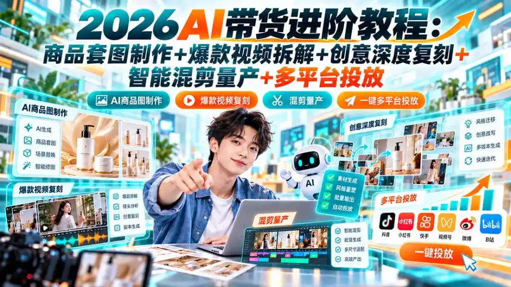 2026AI带货进阶教程:商品套图制作+爆款视频拆解+创意深度复刻+智能混剪量产+多平台投放-豌豆轻创