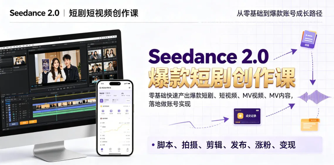 Seedance 2.0短剧短视频创作课，零基础快速产出爆款短剧、短视频、MV内容，落地做账号实现变现-豌豆轻创