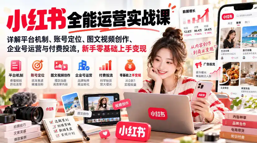 小红书全能运营实战课，详解平台机制、账号定位、图文视频创作、企业号运营与付费投流，新手零基础上手变现-豌豆轻创