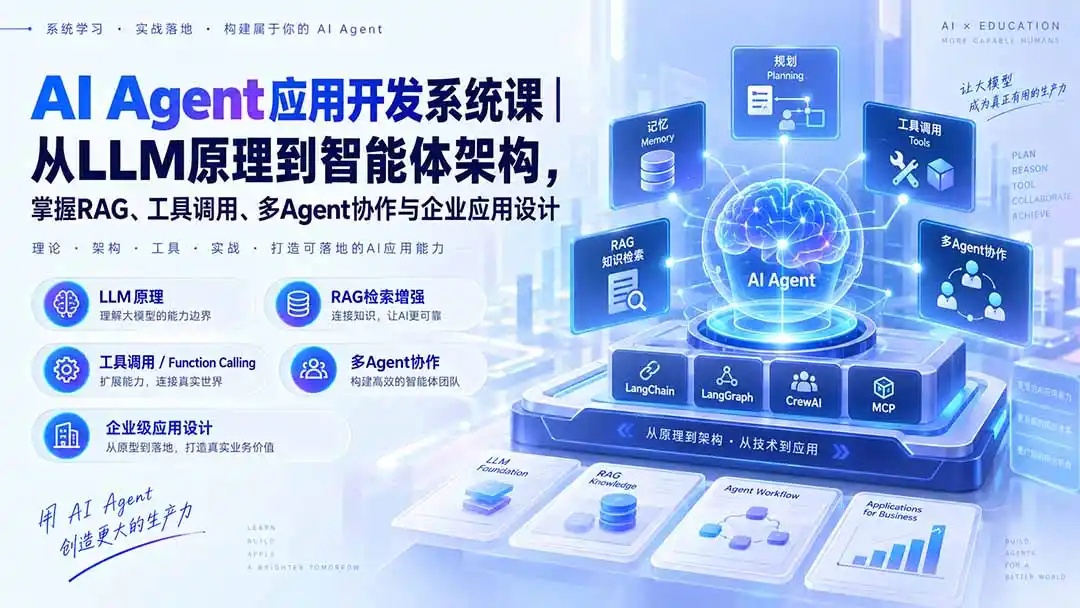AI Agent应用开发系统课-179节|从LLM原理到智能体架构,掌握RAG、工具调用、多Agent协作与企业应用设计-豌豆轻创