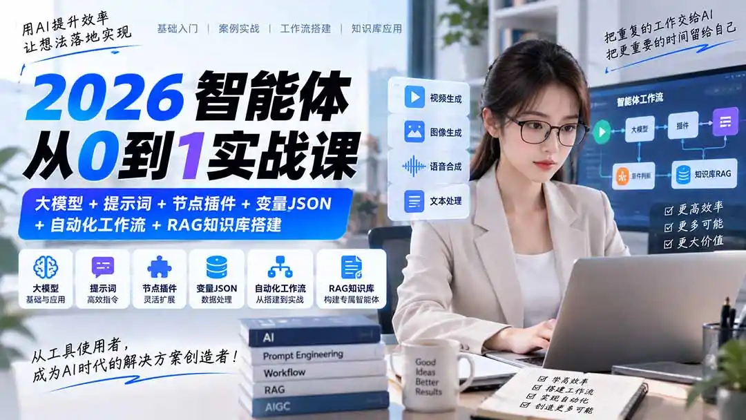 2026智能体从0到1实战课｜大模型+提示词+节点插件+变量JSON+自动化工作流+RAG知识库搭建-豌豆轻创