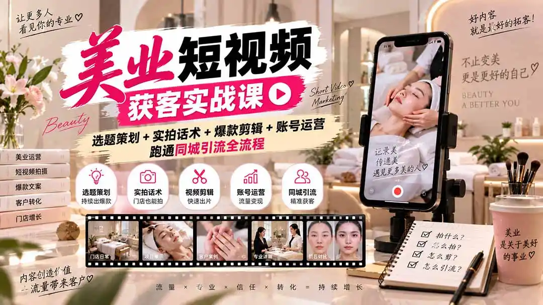 美业短视频获客实战课-无水印:选题策划+实拍话术+爆款剪辑+账号运营,跑通同城引流全流程-豌豆轻创