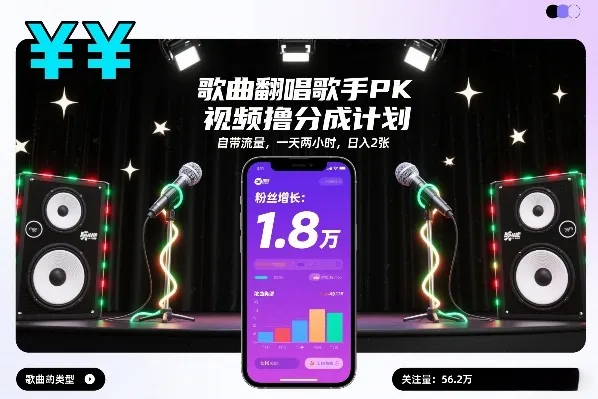 歌曲翻唱歌手PK视频撸分成计划，自带流量，一天两小时，日入2张-轻创