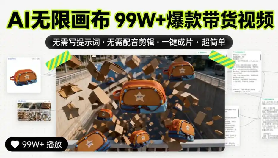 AI无限画布99W+爆款带货视频，无需写提示词·无需配音剪辑·一键成片·超简单-豌豆轻创