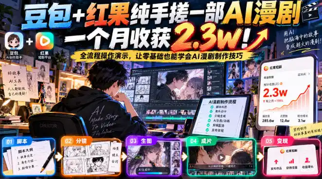 豆包+红果纯手搓一部AI漫剧一个月收获2.3w!全流程操作演示,让零基础也能学会AI漫剧制作技巧-豌豆轻创