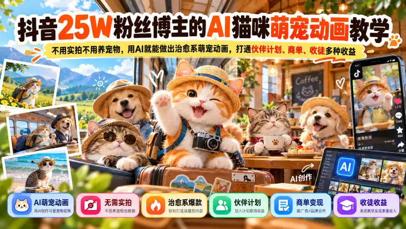 抖音25W粉丝博主的AI猫咪萌宠动画教学，不用实拍不用养宠物，用AI就能做出治愈系萌宠动画，打通伙伴计划、商单、收徒多种收益-豌豆轻创