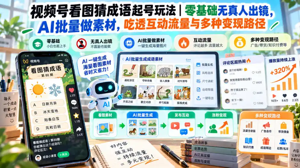 视频号看图猜成语起号玩法｜零基础无真人出镜，AI批量做素材，吃透互动流量与多种变现路径-豌豆轻创