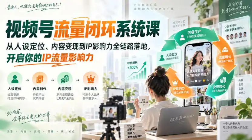 视频号流量闭环系统课，从人设定位、内容变现到IP影响力全链路落地，开启你的IP流量影响力-豌豆轻创