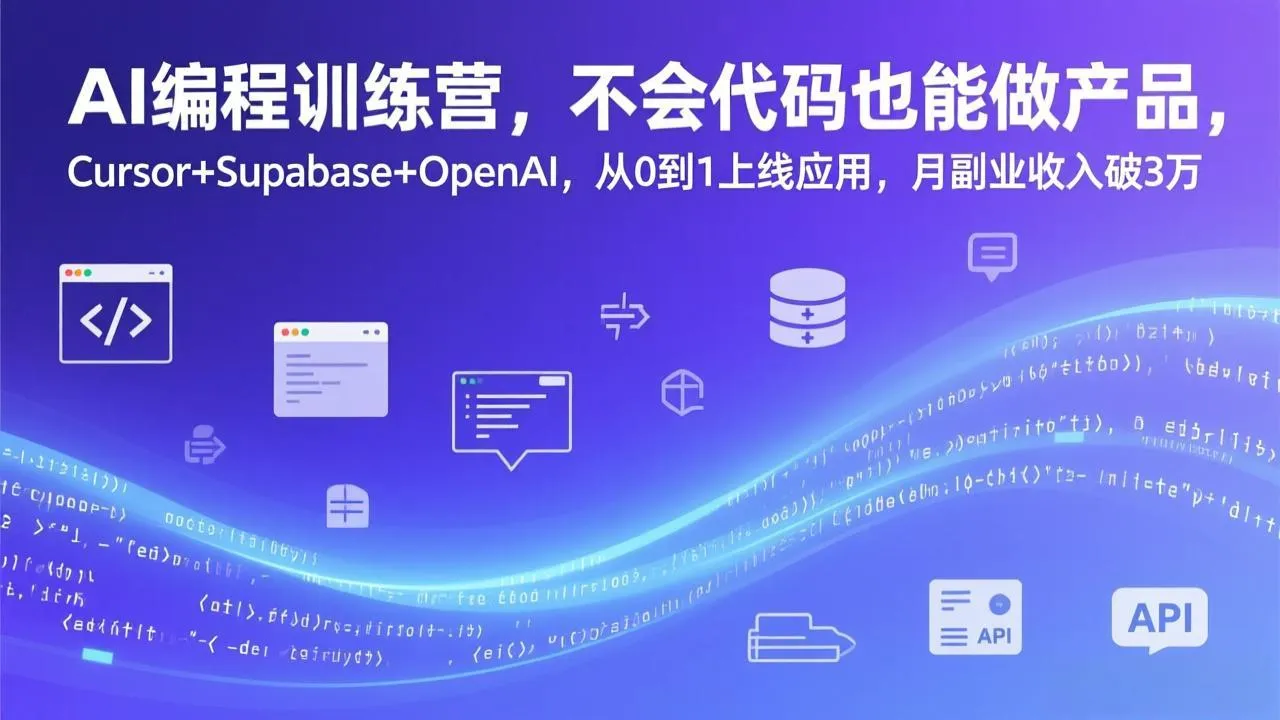 AI编程训练营，不会代码也能做产品，Cursor+Supabase+OpenAI，从0到1上线应用，月副业收入破3万-轻创
