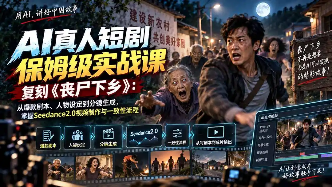 AI真人短剧保姆级实战课，复刻《丧尸下乡》：从爆款剧本、人物设定到分镜生成，掌握Seedance2.0视频制作与一致性流程-豌豆轻创