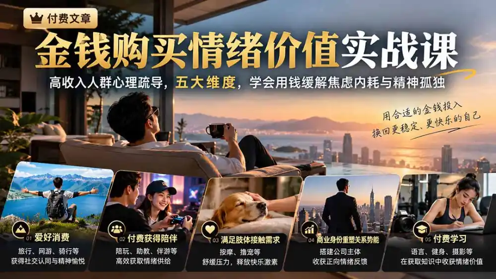 付费文章：金钱购买情绪价值实战课｜高收入人群心理疏导，五大维度，学会用钱缓解焦虑内耗与精神孤独-豌豆轻创