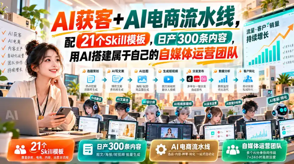 AI获客+AI电商流水线，配21个Skill模板，日产300条内容，用AI搭建属于自己的自媒体运营团队-豌豆轻创
