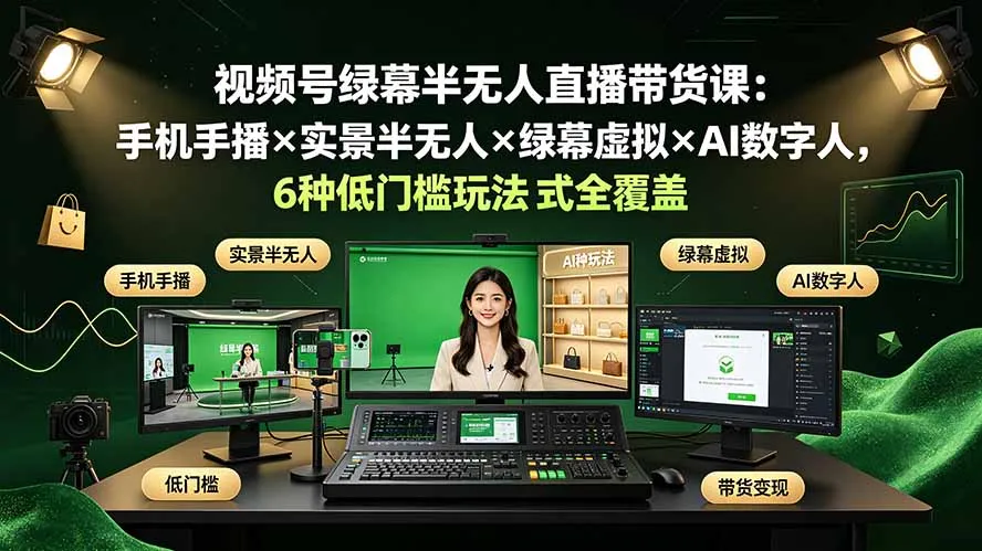 视频号绿幕半无人直播带货课：手机手播×实景半无人×绿幕虚拟×AI数字人，6种低门槛玩法全覆盖-豌豆轻创