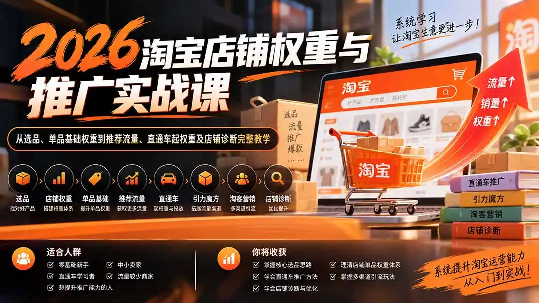2026淘宝店铺权重与推广实战课：从选品、单品基础权重到推荐流量、直通车起权重及店铺诊断完整教学-豌豆轻创