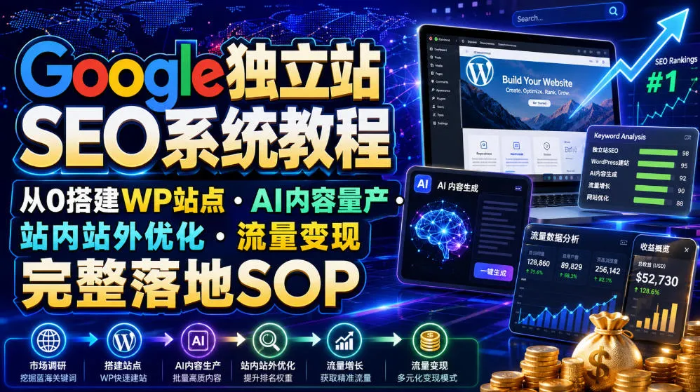 Google独立站SEO系统教程,从0搭建WP站点・AI内容量产・站内站外优化・流量变现完整落地SOP(2026年7月)-豌豆轻创