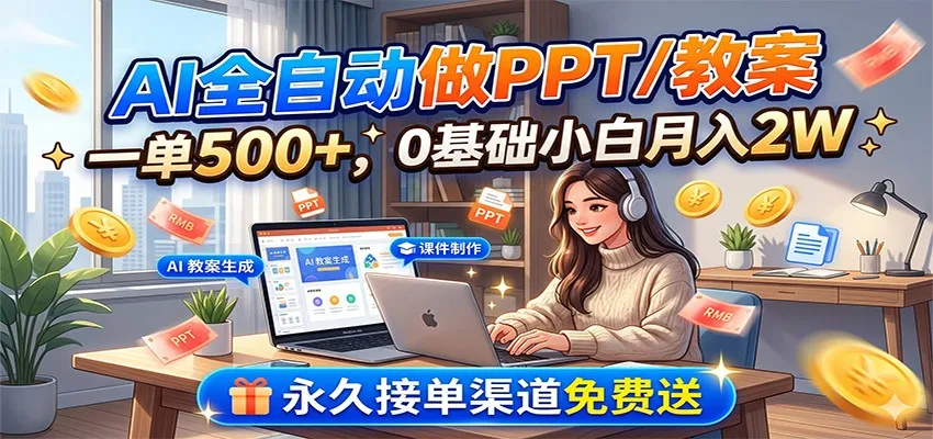 AI全自动做PPT/教案，一单500+，0基础小白月入2W，永久接单渠道免费送-豌豆轻创