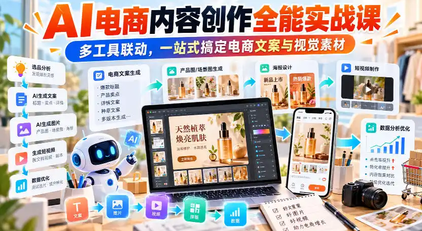 【无水印】AI电商内容创作全能实战课｜多工具联动，一站式搞定电商文案与视觉素材-豌豆轻创