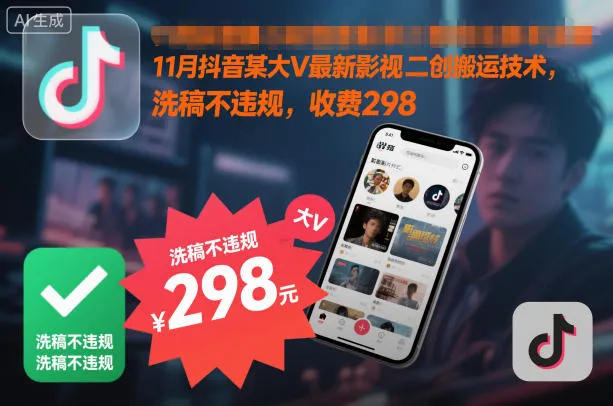11月抖音某大V最新影视二创搬运技术,洗稿不违规,收费298-轻创