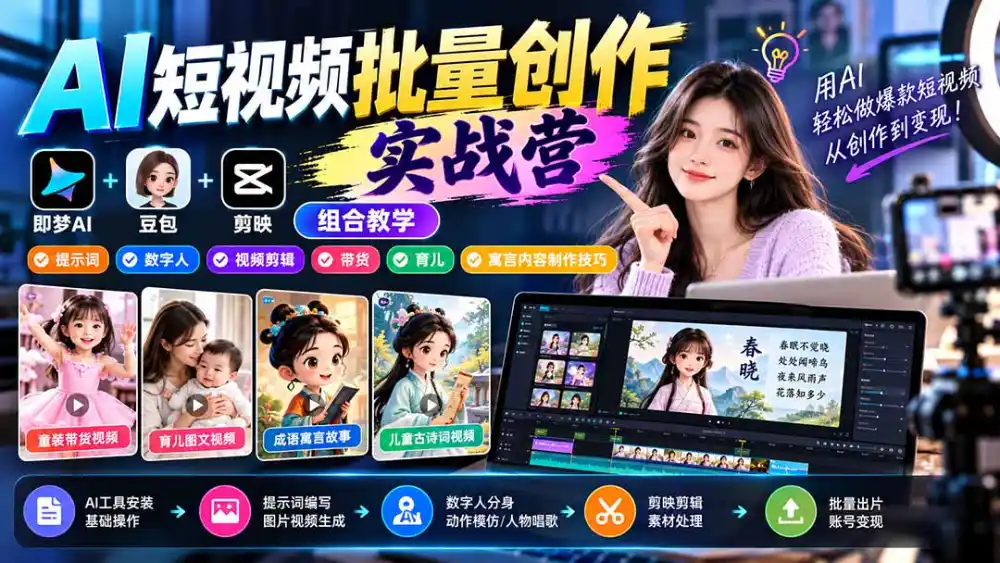 【无水印】AI短视频批量创作实战营：即梦+豆包+剪映组合教学，提示词/数字人/视频剪辑/带货/育儿/寓言内容制作技巧-豌豆轻创