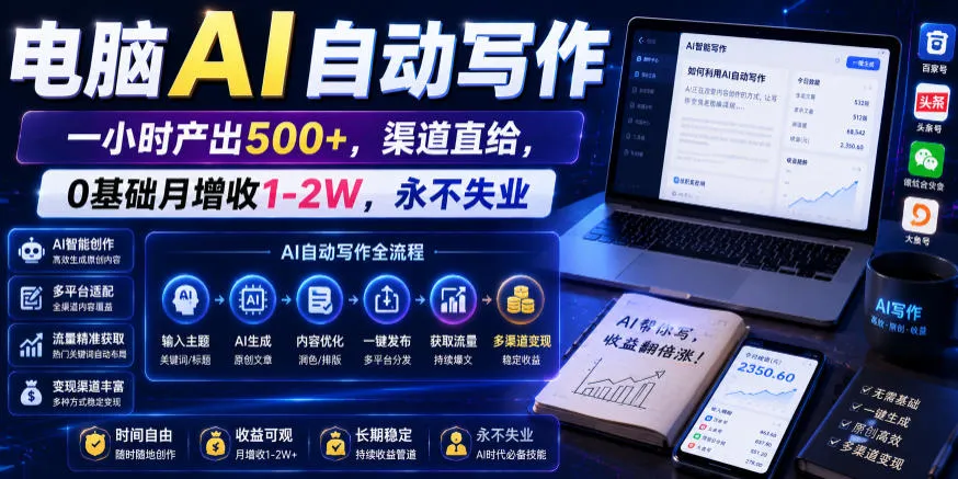 电脑AI自动写作,一小时产出500+,渠道直给,0基础月增收1-2W,永不失业【揭秘】-豌豆轻创