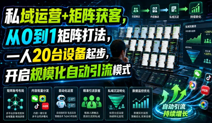 私域运营+矩阵获客，从0到1矩阵打法，一人20台设备起步，开启规模化自动引流模式！-豌豆轻创