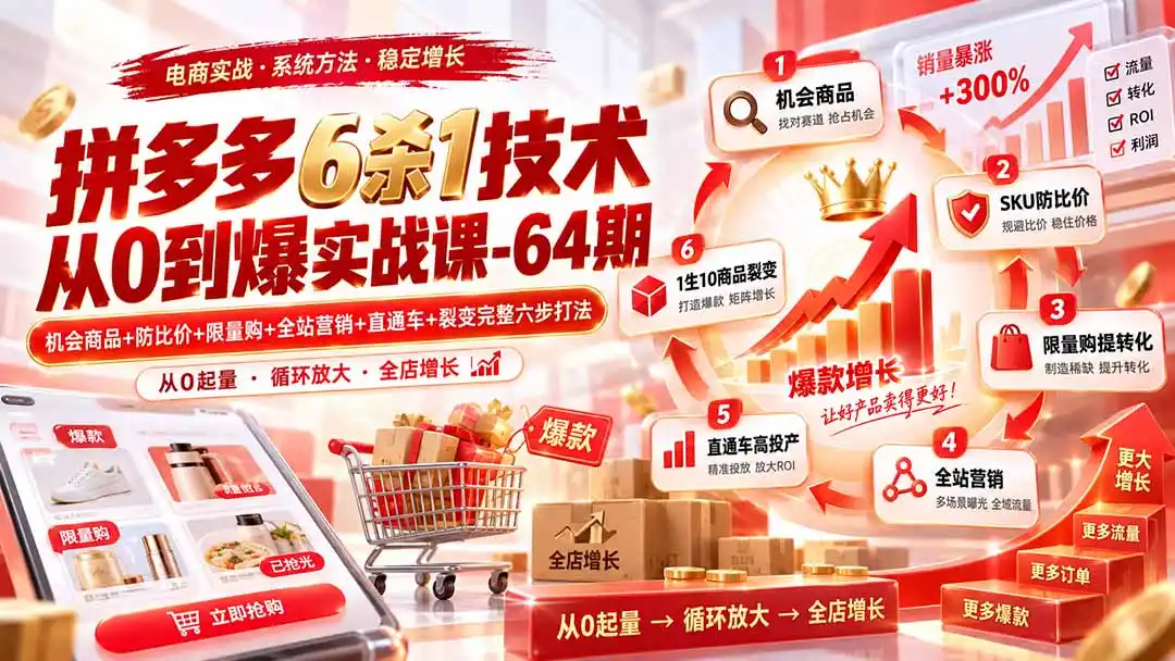 拼多多6杀1技术从0到爆实战课-64期：机会商品+防比价+限量购+全站营销+直通车+裂变完整六步打法-豌豆轻创