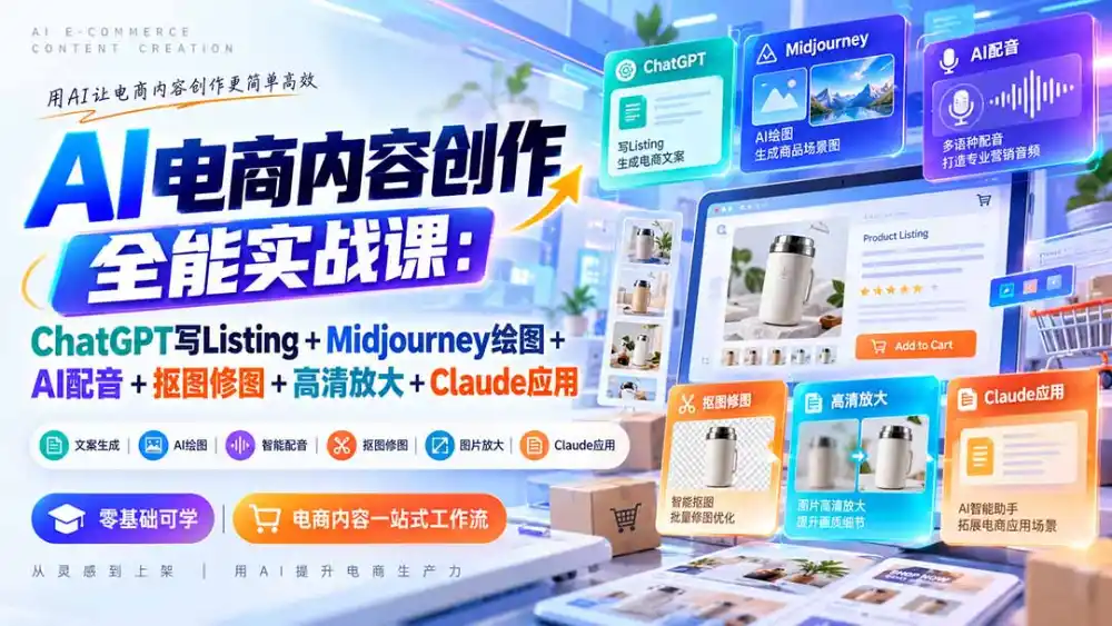 【无水印】AI电商内容创作全能实战课：ChatGPT写Listing+Midjourney绘图+AI配音+抠图修图+高清放大+Claude应用-豌豆轻创