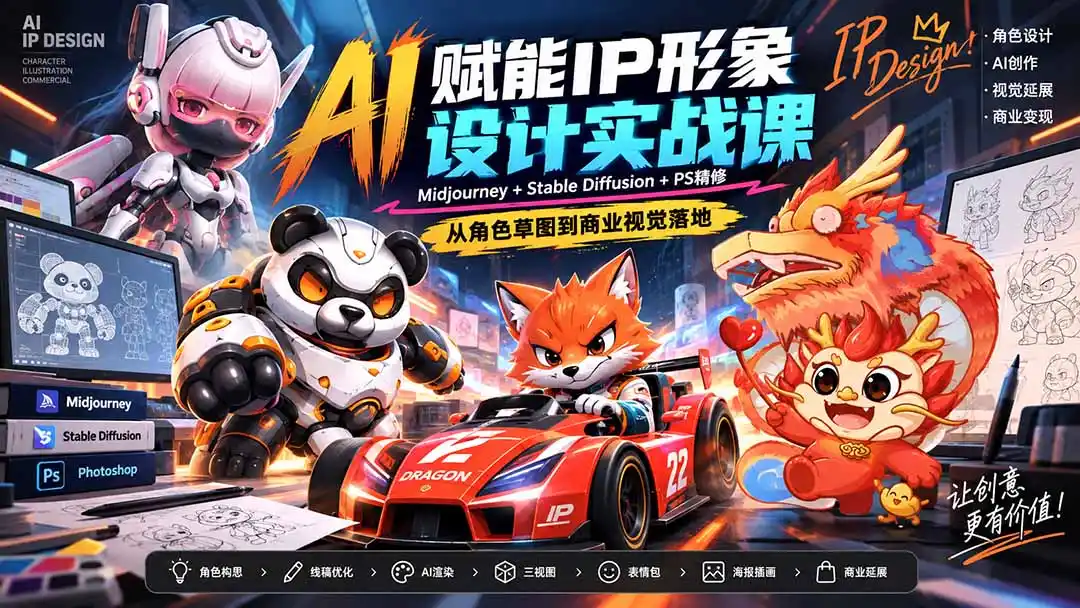 AI赋能IP形象设计实战课-无水印:Midjourney+Stable Diffusion+PS精修,从角色草图到商业视觉落地-豌豆轻创