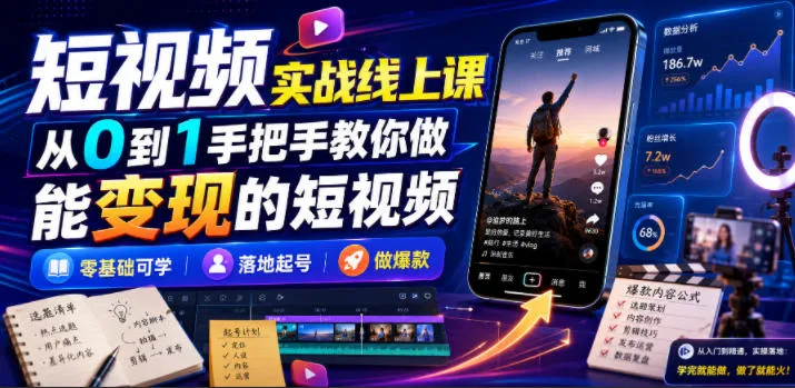 短视频实战线上课，从0到1手把手教你做能变现的短视频，零基础可学，落地起号做爆款-豌豆轻创
