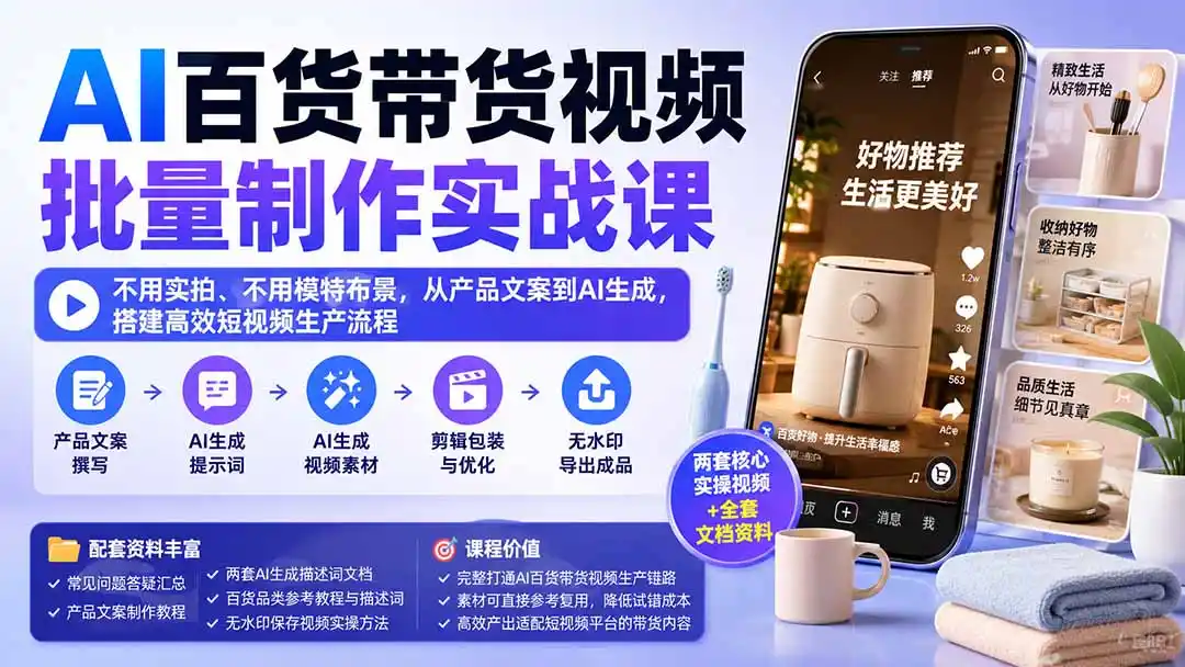 AI百货带货视频批量制作实战课：不用实拍、不用模特布景，从产品文案到AI生成，搭建高效短视频生产流程-豌豆轻创