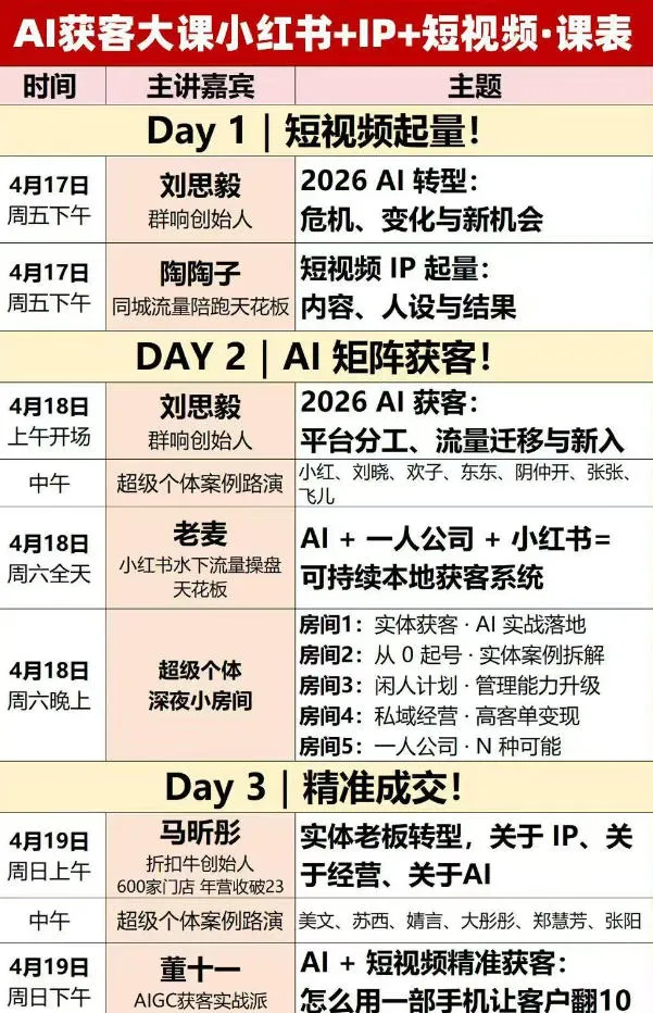 AI获客大课小红书+IP+短视频3天2夜线下课，用最真实的一线案例，最前沿的AI工具，最有效的流量打法-豌豆轻创