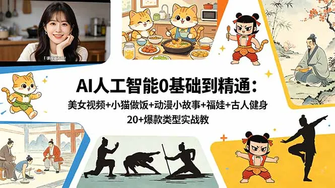 AI人工智能0基础到精通：美女视频+小猫做饭+动漫小故事+福娃+古人健身，20+爆款类型实战教学-豌豆轻创