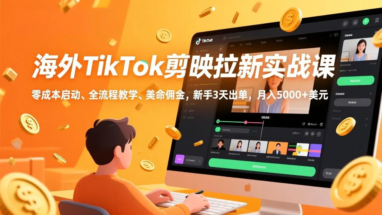 海外TikTok剪映拉新实战课，零成本启动、全流程教学、美金佣金，新手3天出单，月入5000+美元-轻创