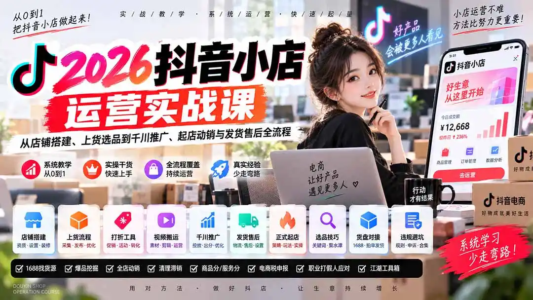2026抖音小店运营实战课|从店铺搭建、上货选品到千川推广、起店动销与发货售后全流程-豌豆轻创