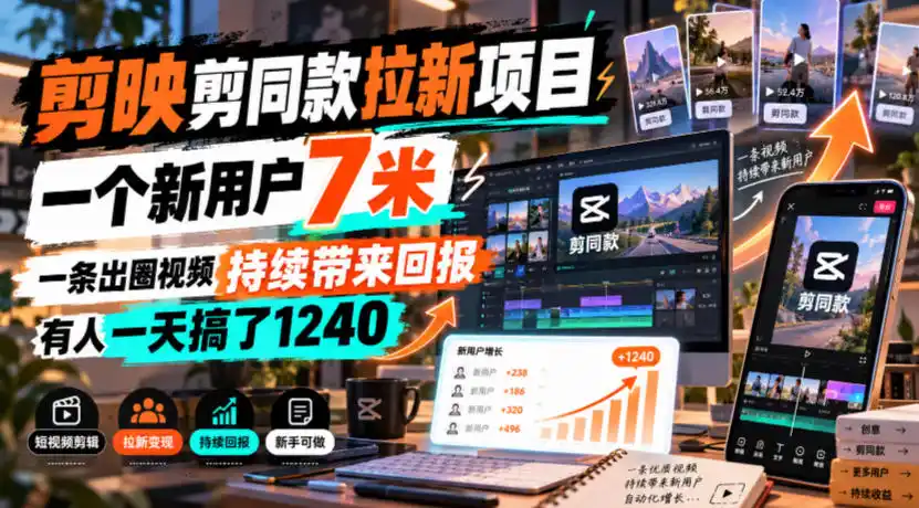剪映剪同款拉新项目，一个新用户7米，一条出圈视频持续带来回报，有人一天搞了1240-豌豆轻创