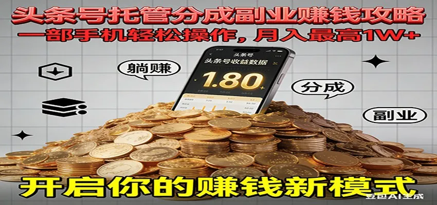 全程托管今日头条，一部手机就可以开干，最高躺赚1W+-轻创